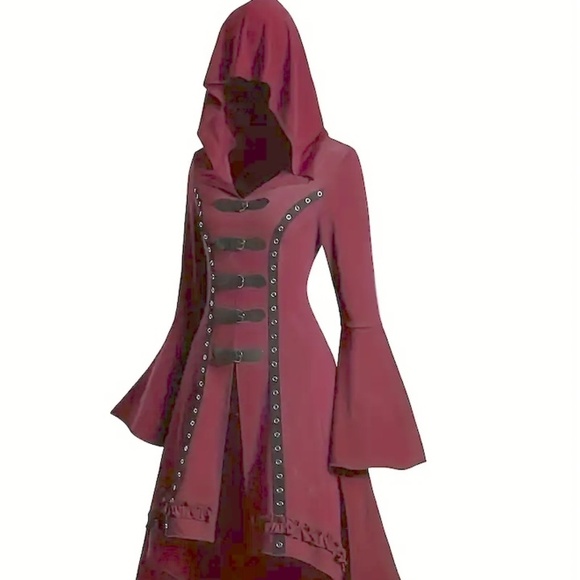 Other - Goth Halloween Cosplay Burgundy Hooded Dress Trumpet Sleeves 2XL